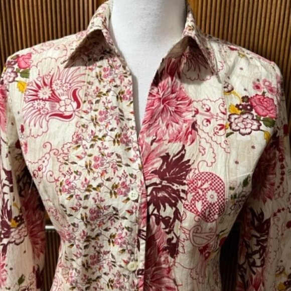 0039 Italy Long Sleeve Button Down Blouse Top Floral Cotton - Picture 2 of 4